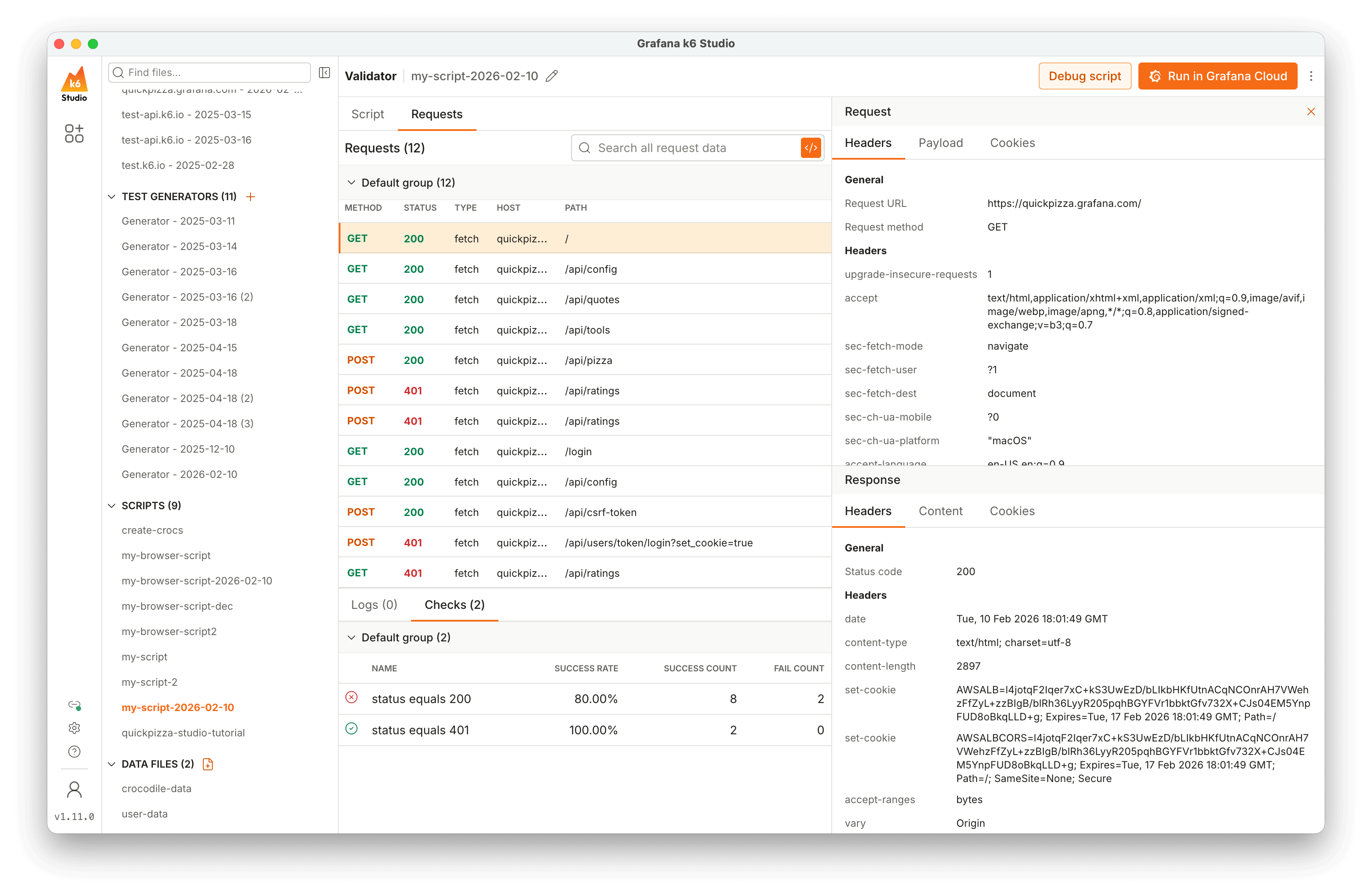k6 Studio Validator window, showing a test script that has been executed, with a list of executed checks at the bottom, and the script preview