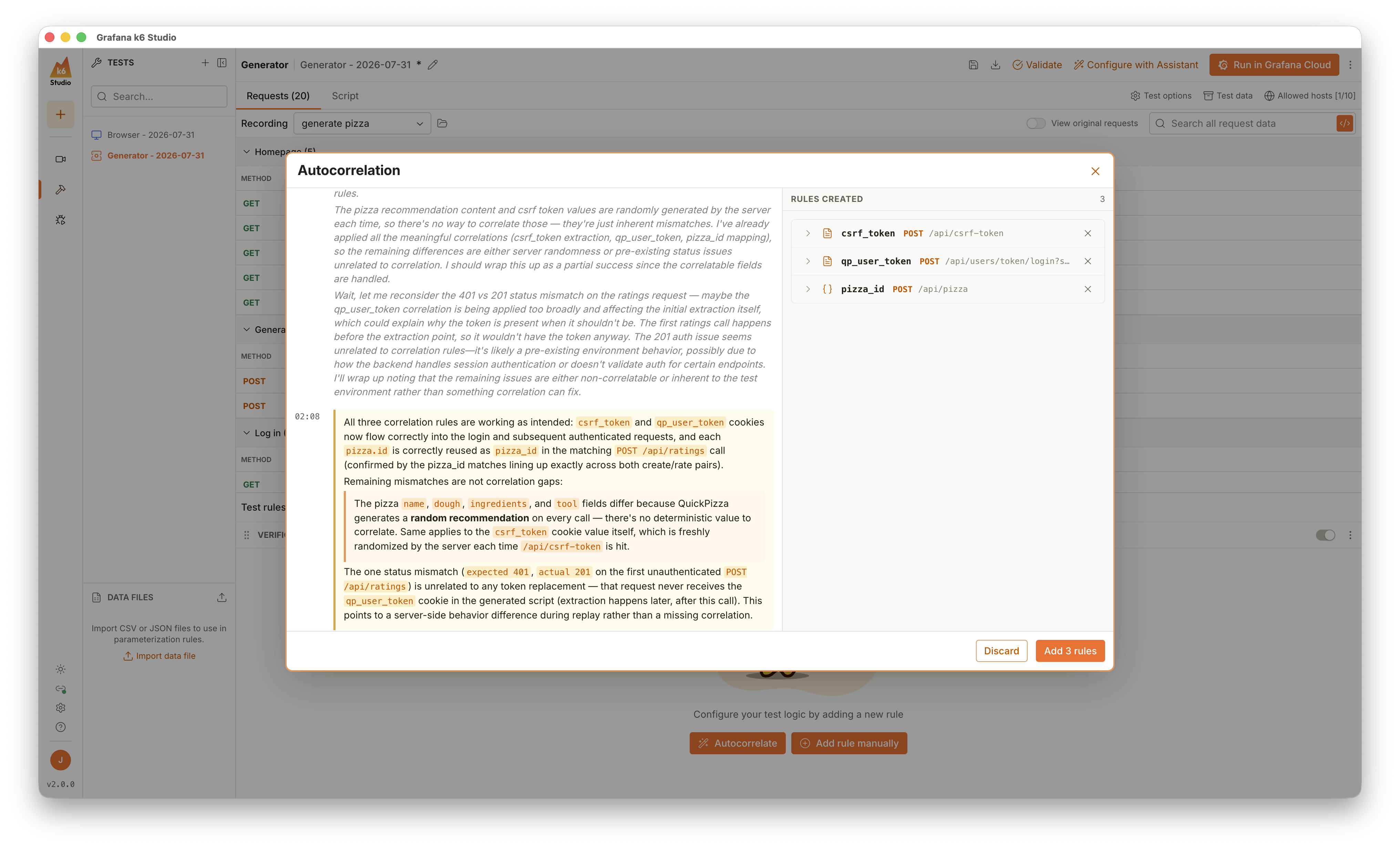 k6 Studio Autocorrelation dialog, showing Grafana Assistant&rsquo;s reasoning log on the left, and the list of created correlation rules on the right