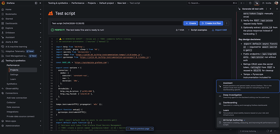 Create k6 tests with Grafana Assistant and k6 Script Authoring mode ...