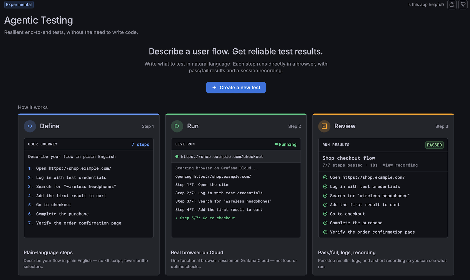 Agentic testing landing page showing Define, Run, and Review steps for creating browser tests from plain-language user journeys