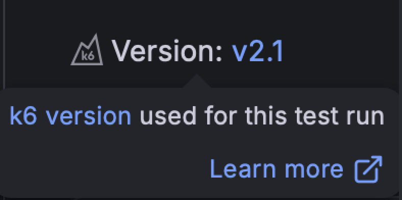 The Test results page in Grafana Cloud k6, showing Version v2.1 in the header and the k6 version used for this test run popover