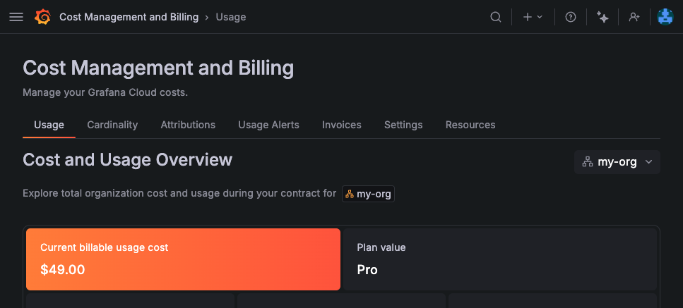 The Cost Management and Billing app on the Usage tab, showing the tab bar and the Cost and Usage Overview with current billable usage cost