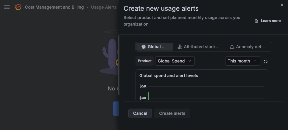 The Create new usage alerts drawer, showing the alert type, product, and threshold options