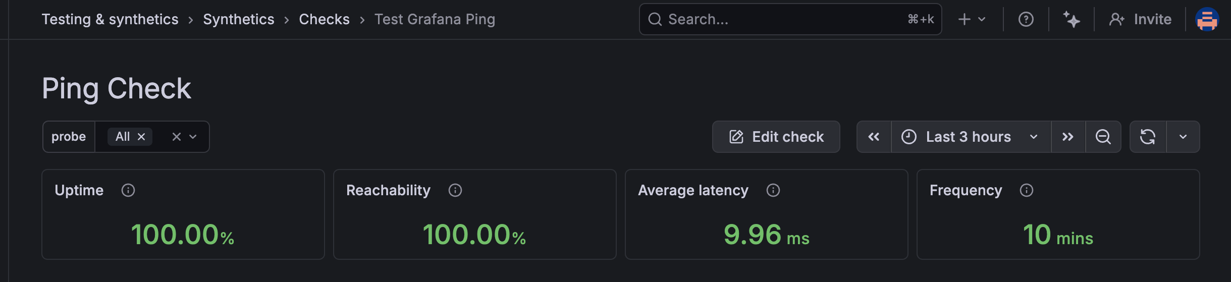 Synthetic Monitoring application in Grafana Cloud, showing a check dashboard and its performance metrics, including Uptime, Reachability, Average latency, and Frequency