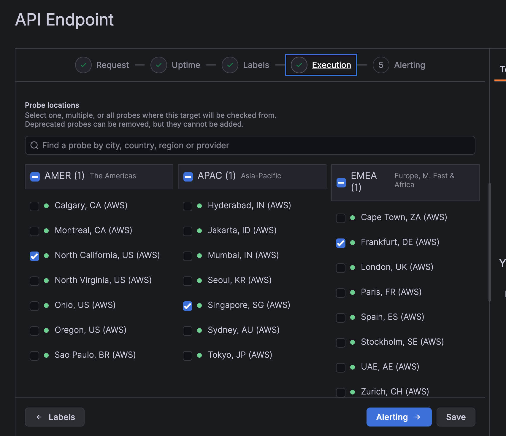 Synthetic Monitoring application in Grafana Cloud, showing the API Endpoint check creation page in the &ldquo;Execution&rdquo; step, with North California, Singapore, and Frankfurt selected
