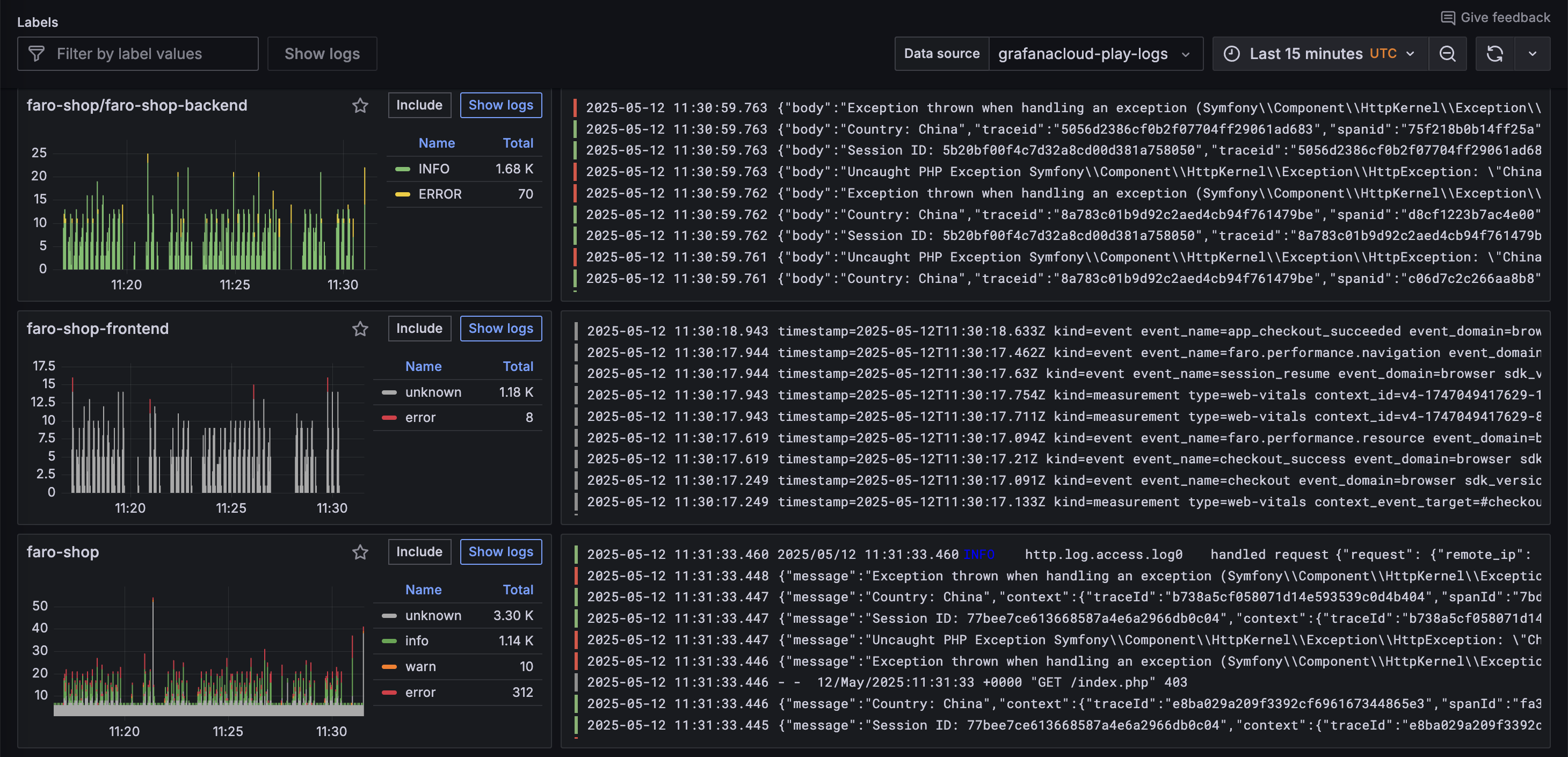 Example Logs Drilldown user interface