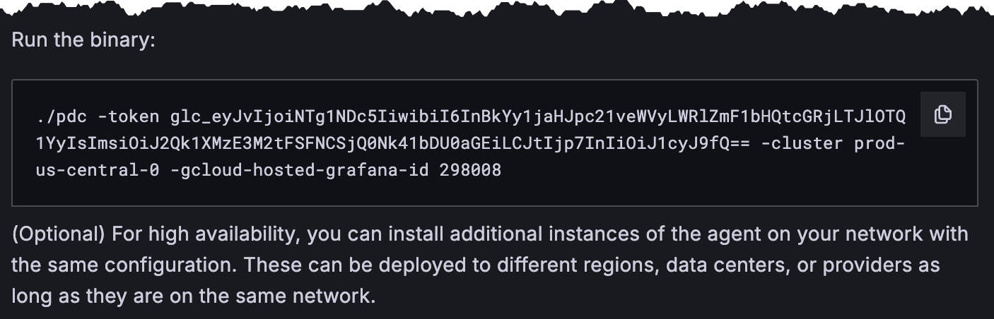 Example install PDC agent binary command