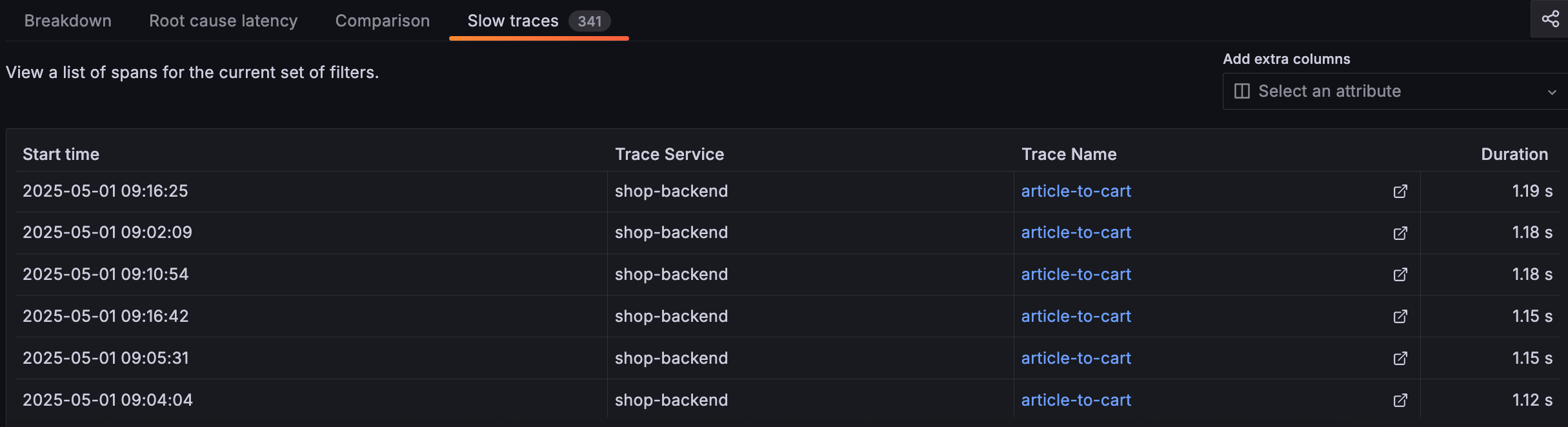 Image shows a list of the slowest traces