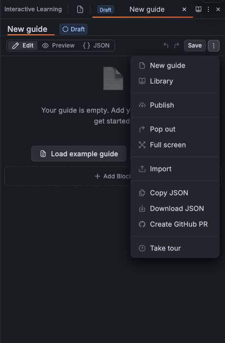 Editor More actions menu with Library, Publish, display options, Import, and Download JSON.