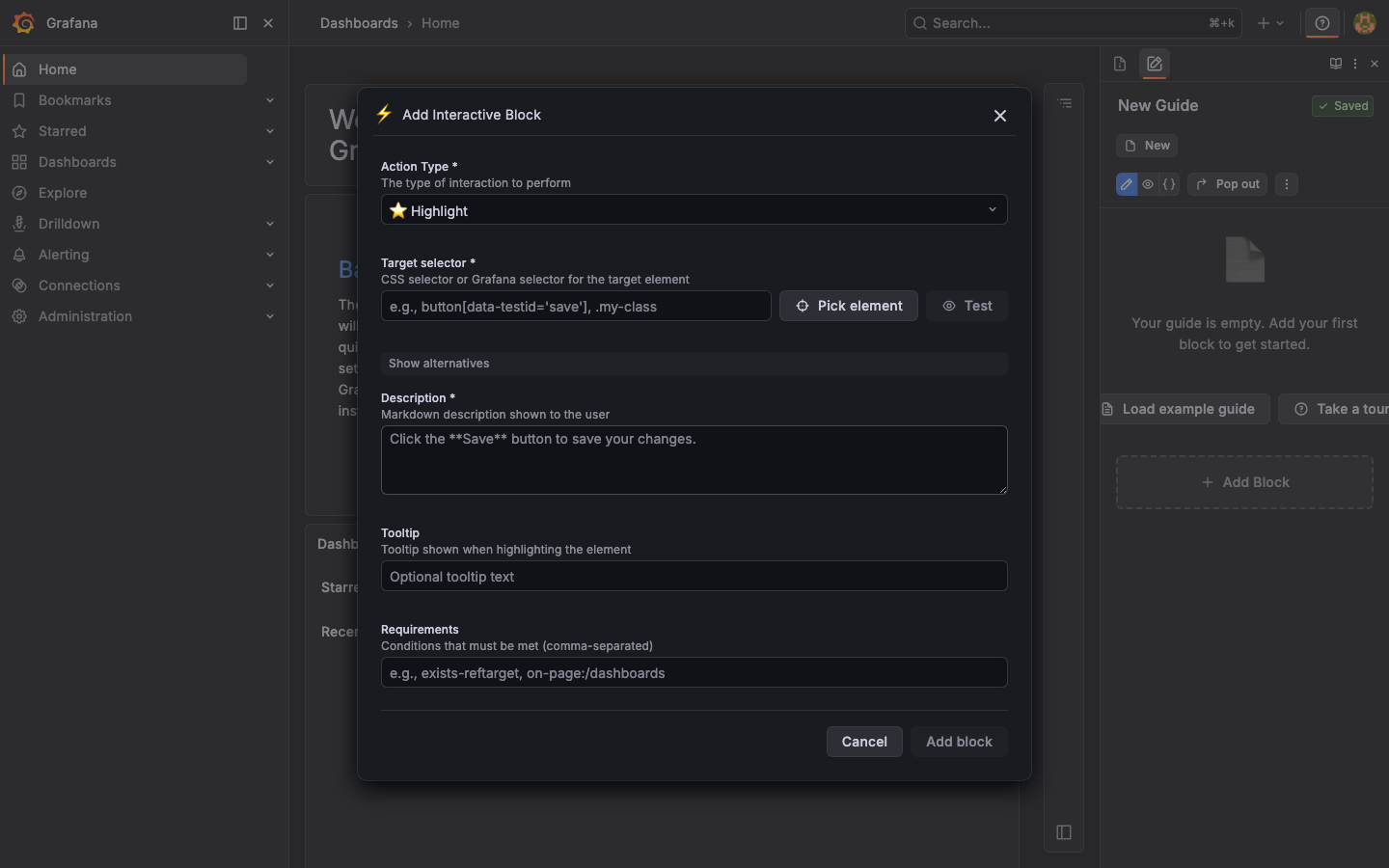 Interactive block form with Show me / Do it