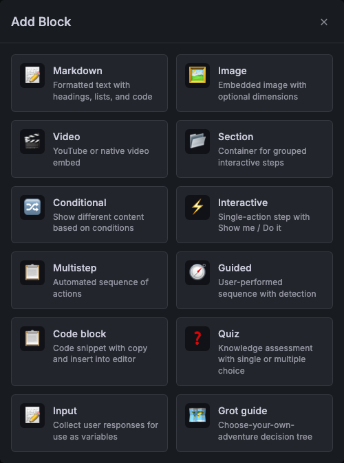Block palette showing all available block types