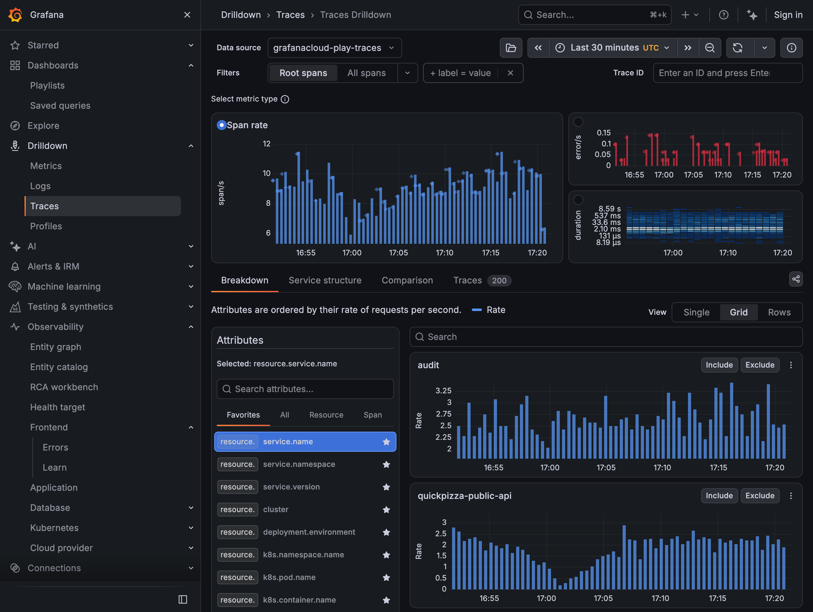 Grafana Traces Drilldown showing root spans over the last 30 minutes.