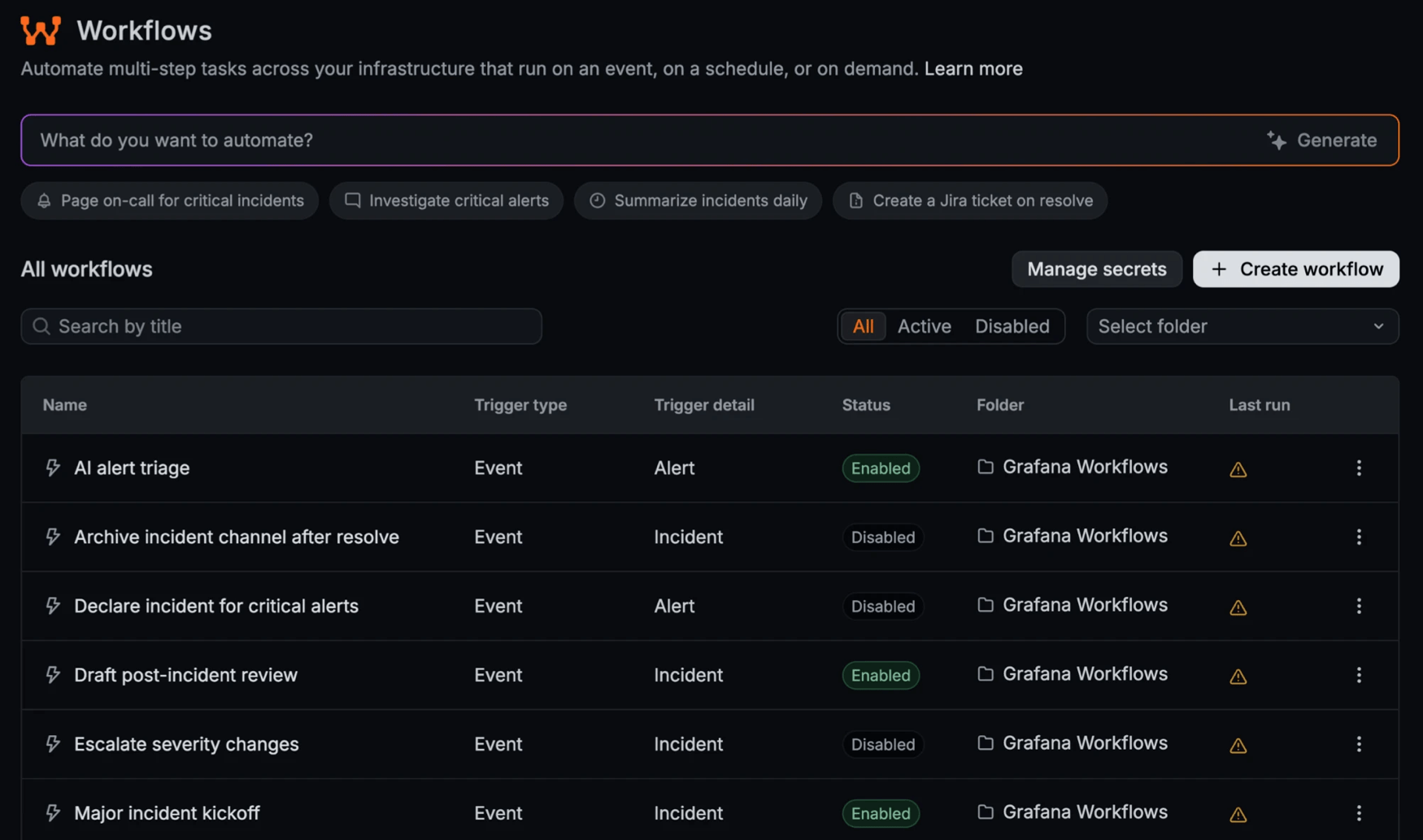 The Grafana Workflows home page with a What do you want to automate? prompt, suggested automations such as Page on-call for critical incidents, and a list of workflows