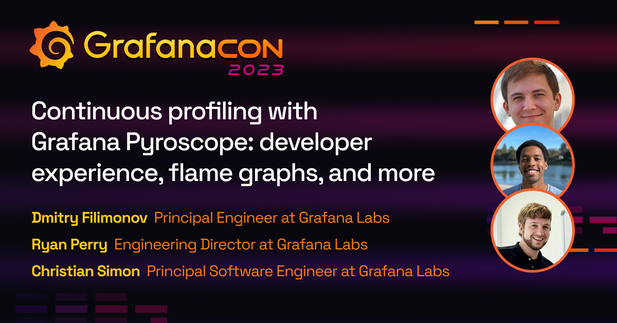 The title card for the GrafanaCON 2023 Grafana Pyroscope session, including the title of the session, the date and time, and the GrafanaCON 2023 logo.