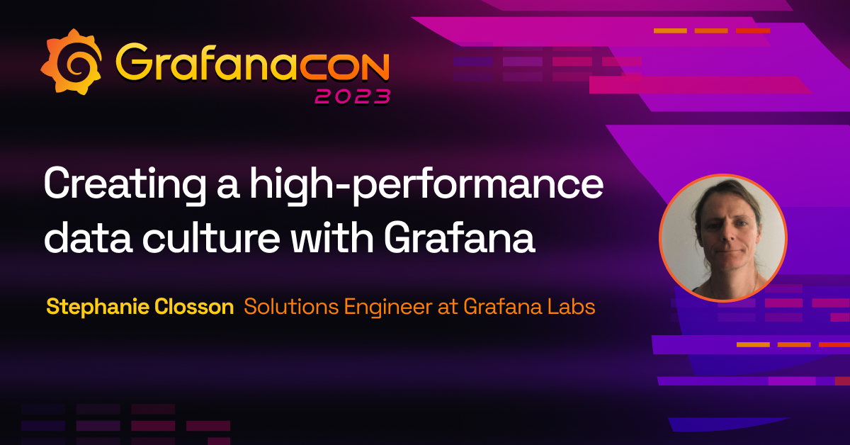 The title card for the GrafanaCON 2023 high-performance data session, including the title of the session, the date and time, and the GrafanaCON 2023 logo.
