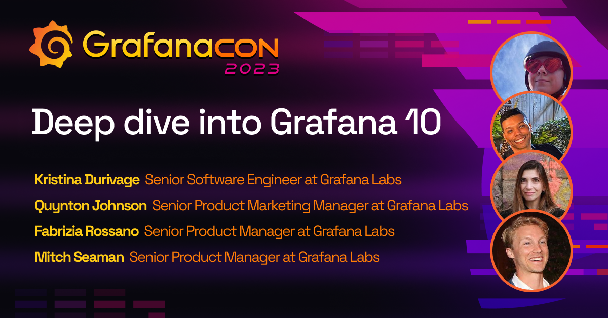 The title card for the GrafanaCON 2023 session on Grafana 10, including the title of the session, the date and time, and the GrafanaCON 2023 logo.