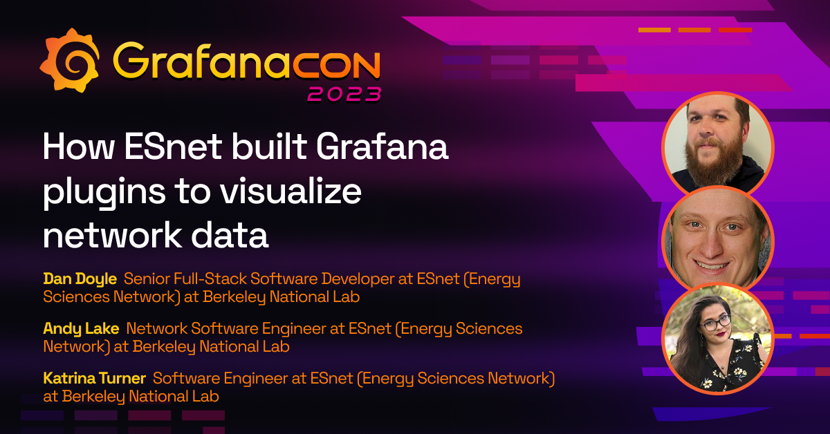 The title card for the GrafanaCON 2023 ESnet session, including the title of the session, the date and time, and the GrafanaCON 2023 logo.
