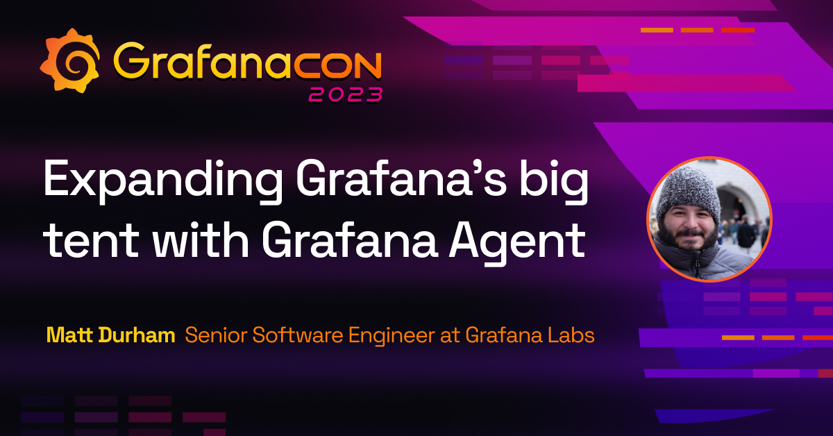 The title card for the GrafanaCON 2023 Grafana Agent session, including the title of the session, the date and time, and the GrafanaCON 2023 logo.