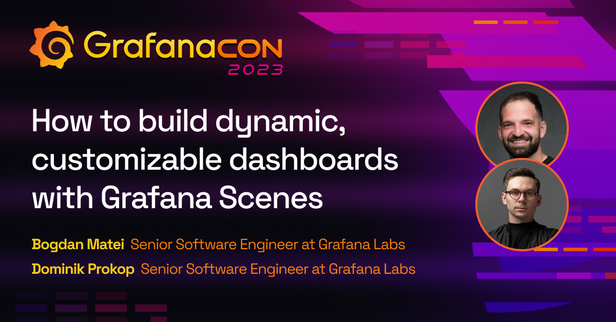 The title card for the GrafanaCON 2023 Grafana Scenes session, including the title of the session, the date and time, and the GrafanaCON 2023 logo.