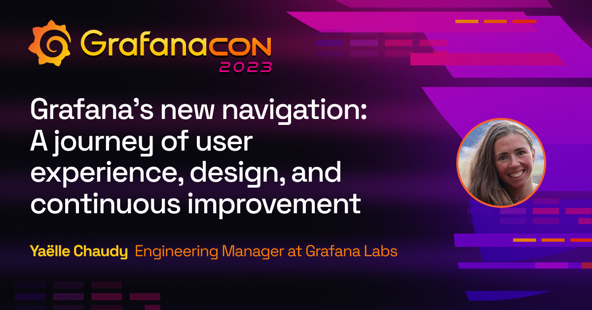 The title card for the GrafanaCON 2023 session on new Grafana navigation, including the title of the session, the date and time, and the GrafanaCON 2023 logo.