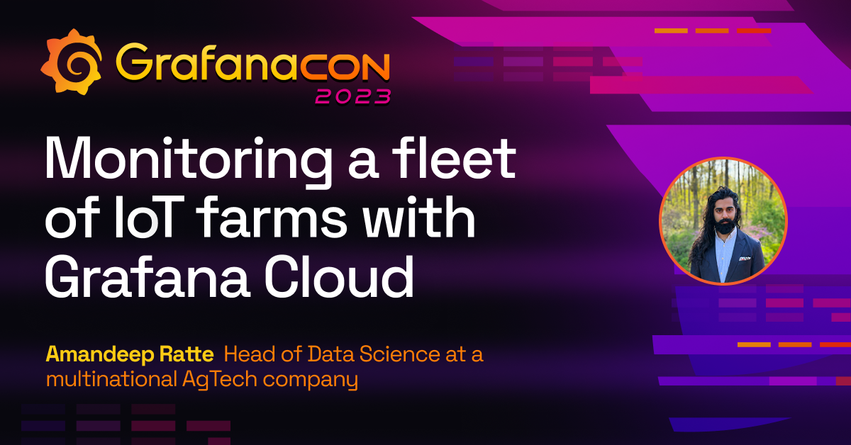 The title card for the GrafanaCON 2023 IoT and Grafana Cloud session, including the title of the session, the date and time, and the GrafanaCON 2023 logo.