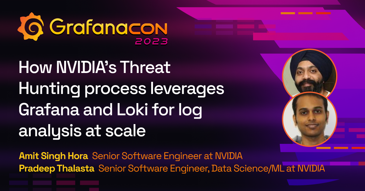 The title card for the GrafanaCON 2023 NVIDIA Threat Hunting session, including the title of the session, the date and time, and the GrafanaCON 2023 logo.