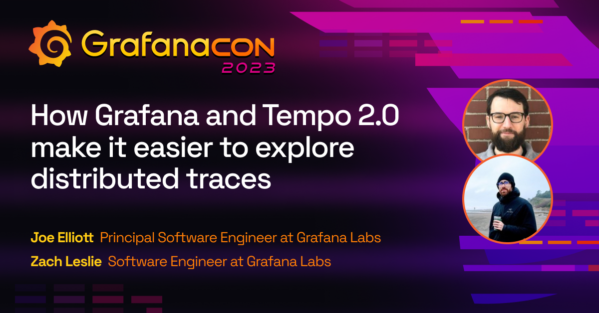 The title card for the GrafanaCON 2023 Tempo 2.0 session, including the title of the session, the date and time, and the GrafanaCON 2023 logo.