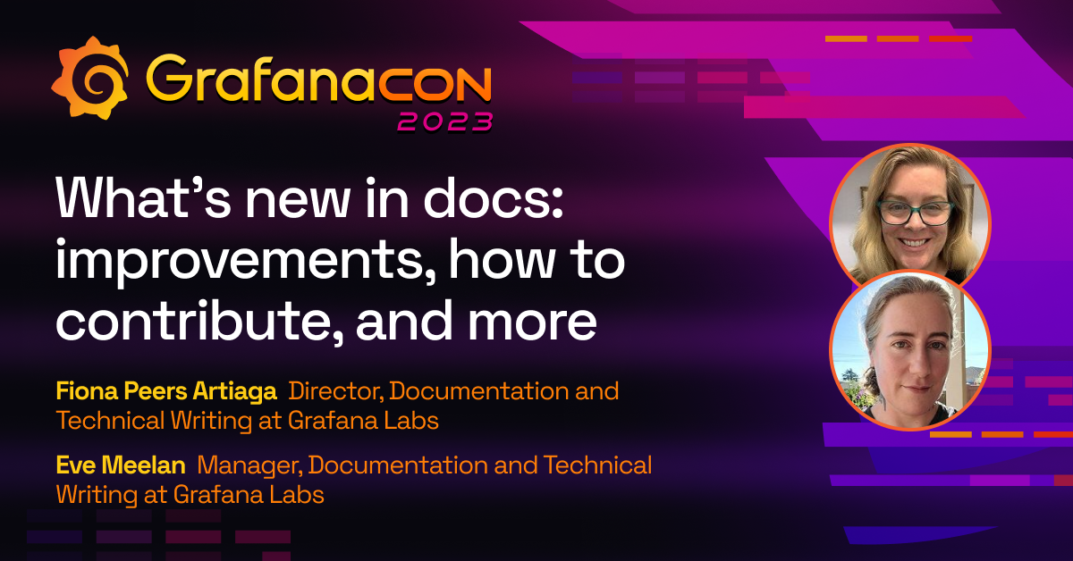 The title card for the GrafanaCON 2023 docs session, including the title of the session, the date and time, and the GrafanaCON 2023 logo.
