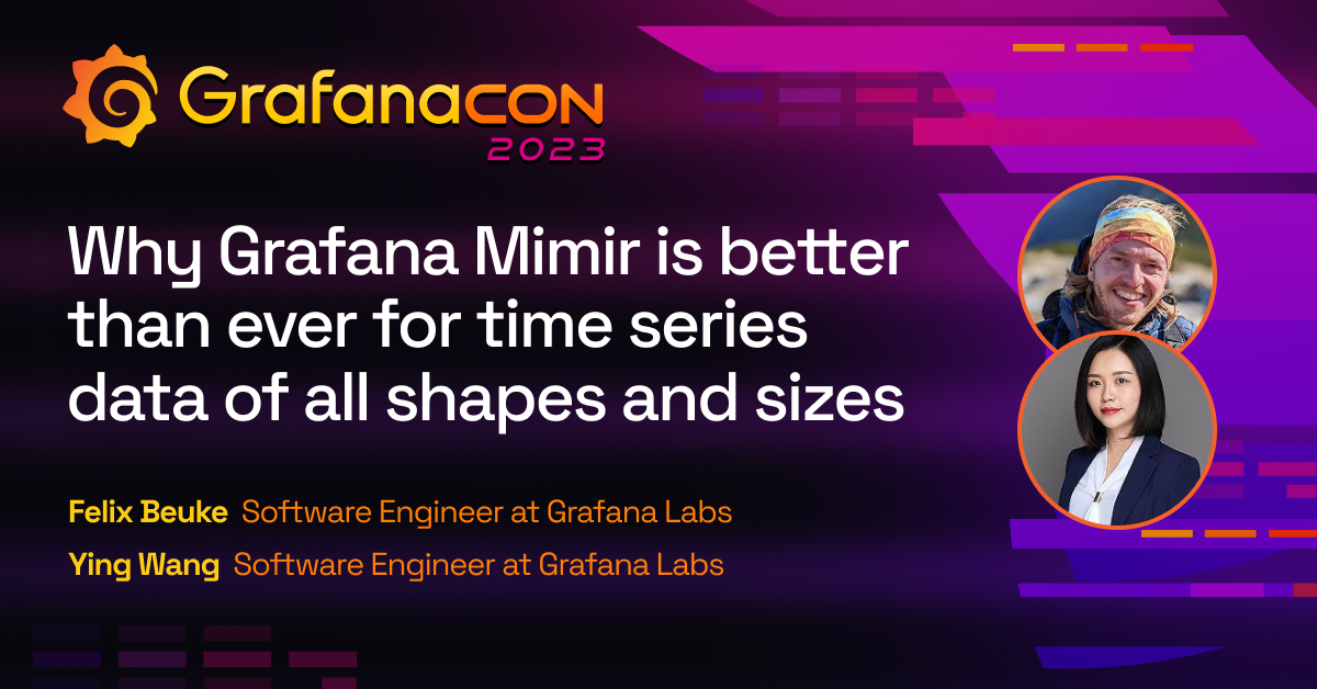 The title card for the GrafanaCON 2023 session on Mimir updates, including the title of the session, the date and time, and the GrafanaCON 2023 logo.