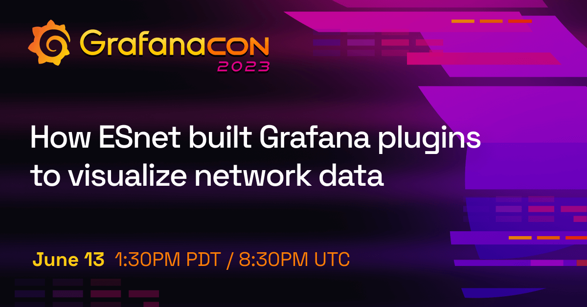 The title card for the ESnet session, including the title of the session, the date and time, and the GrafanaCON 2023 logo.