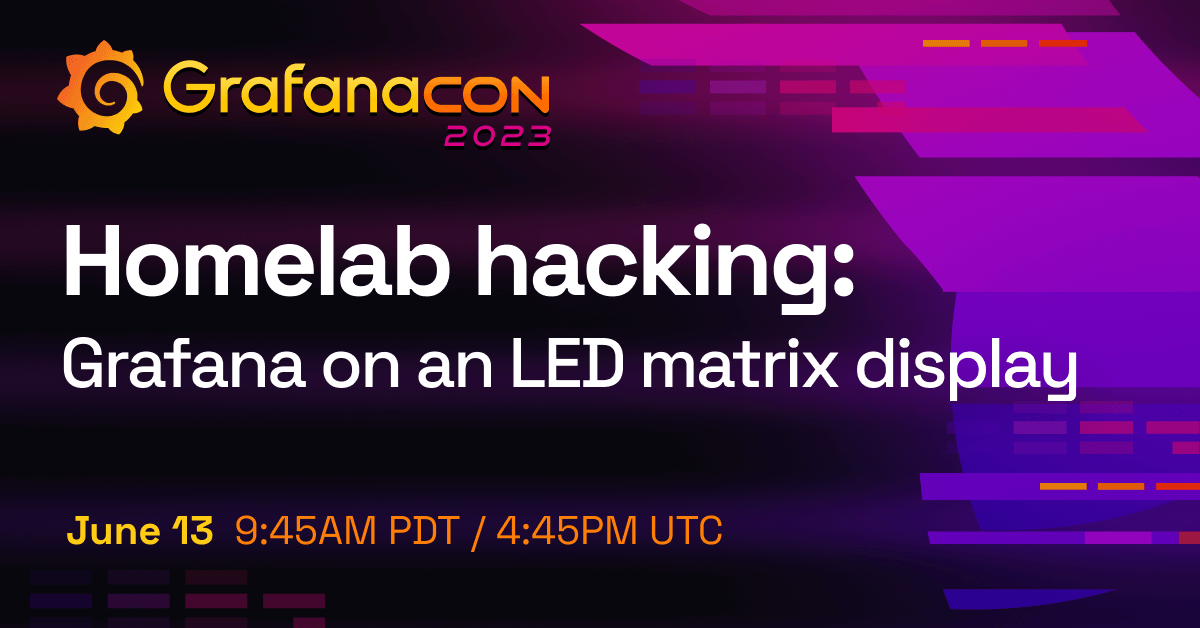 The title card for the Homelab hacking session, including the title of the session, the date and time, and the GrafanaCON 2023 logo.