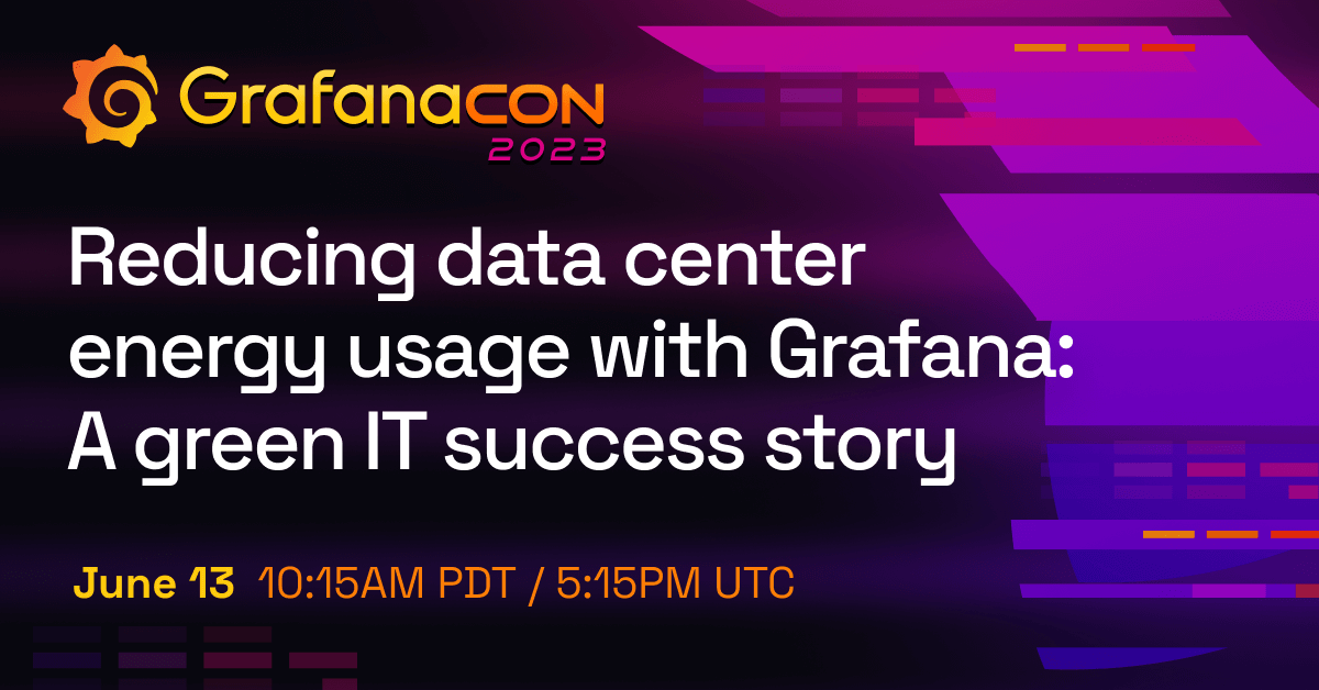 The title card for the green IT success story session, including the title of the session, the date and time, and the GrafanaCON 2023 logo.