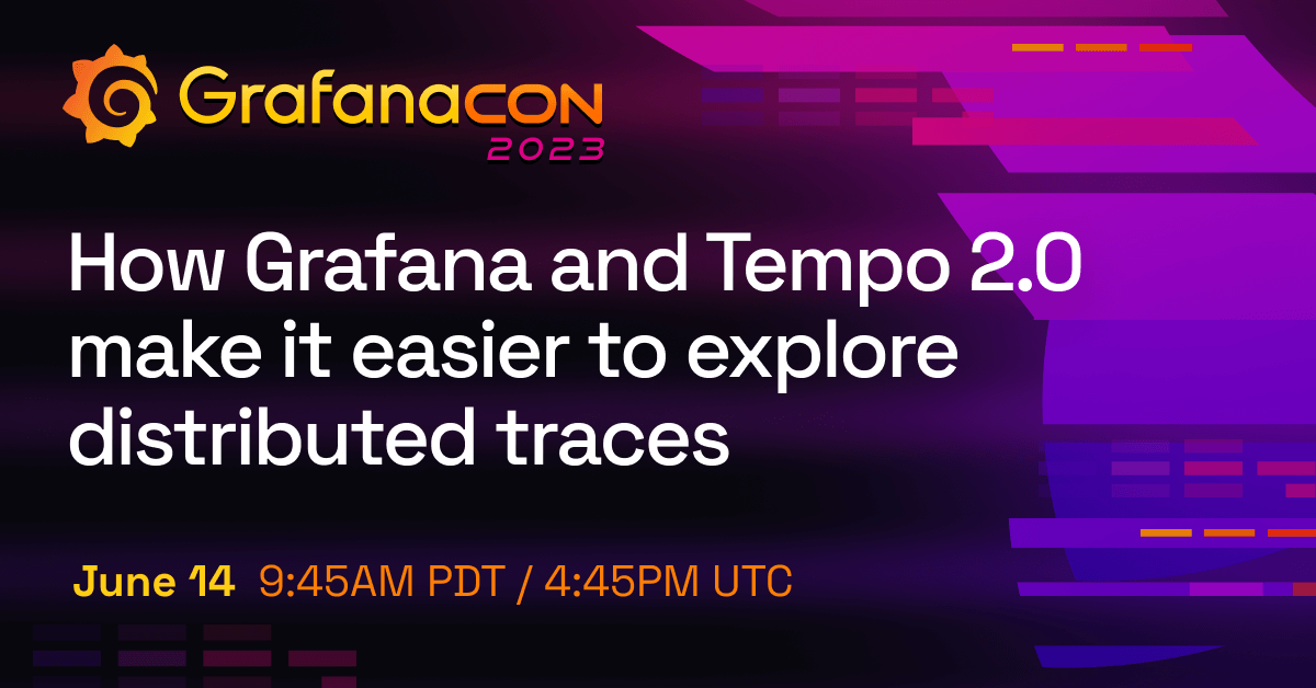 The title card for the Tempo 2.0 session, including the title of the session, the date and time, and the GrafanaCON 2023 logo.
