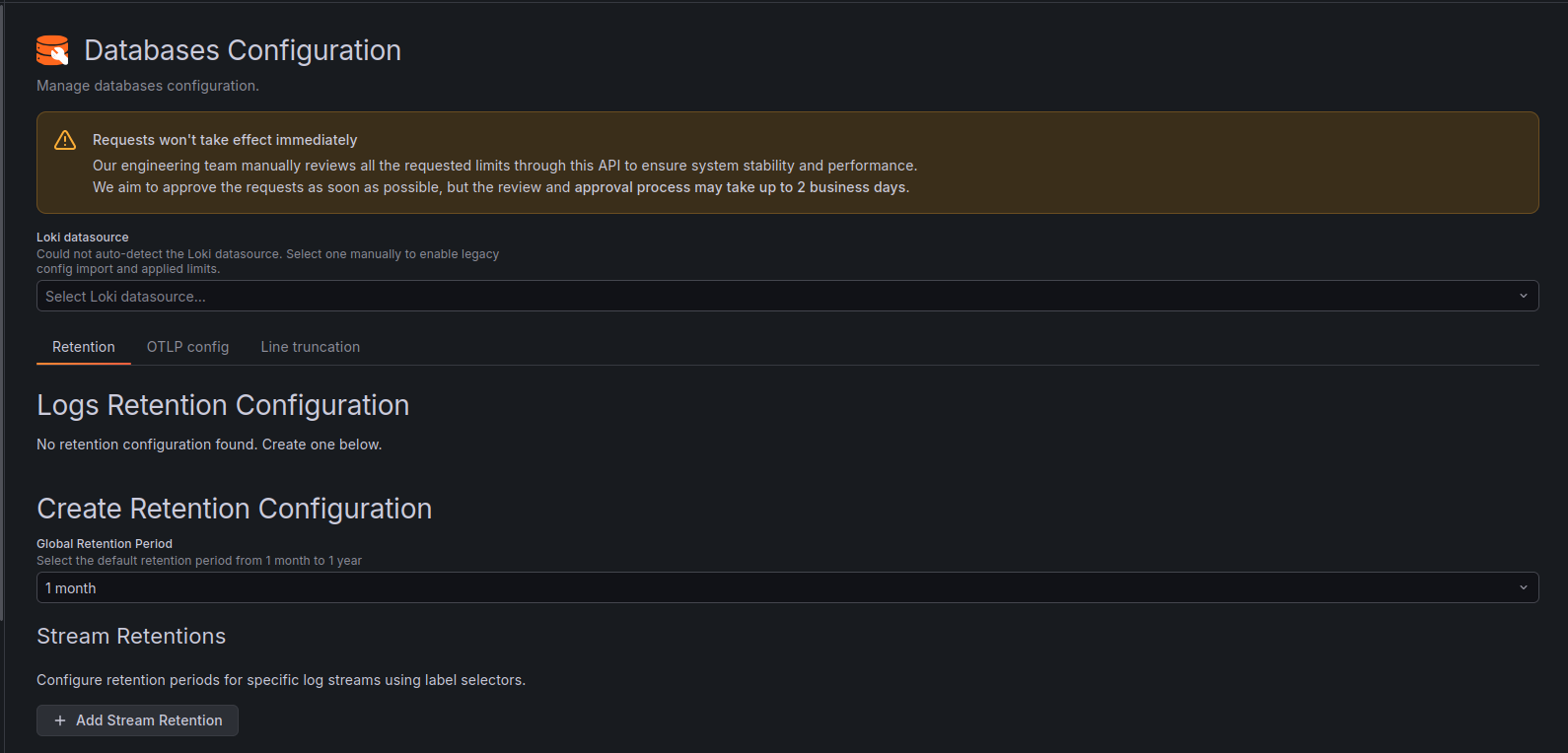 Databases Configuration screen