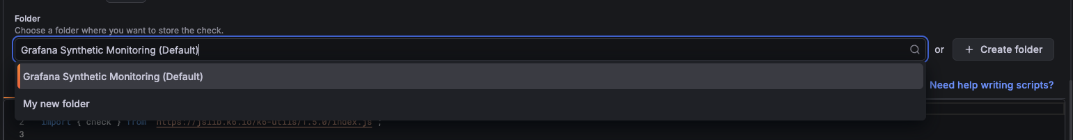 Check editor showing the Folder field with the folder dropdown open and the Create folder option available.