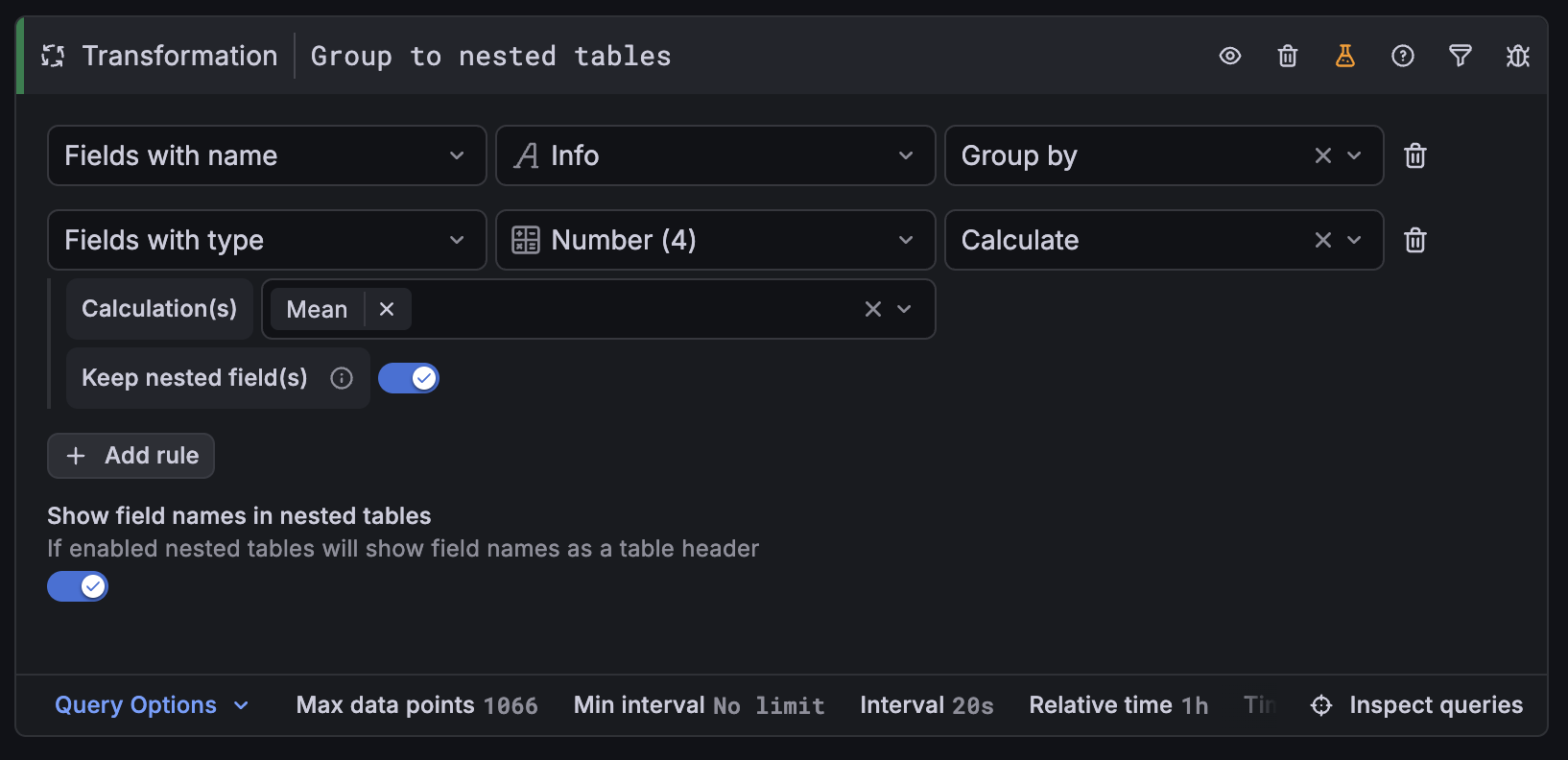 Screenshot of the new Group to Nested Table transform, with matchers for name and type demonstrated.