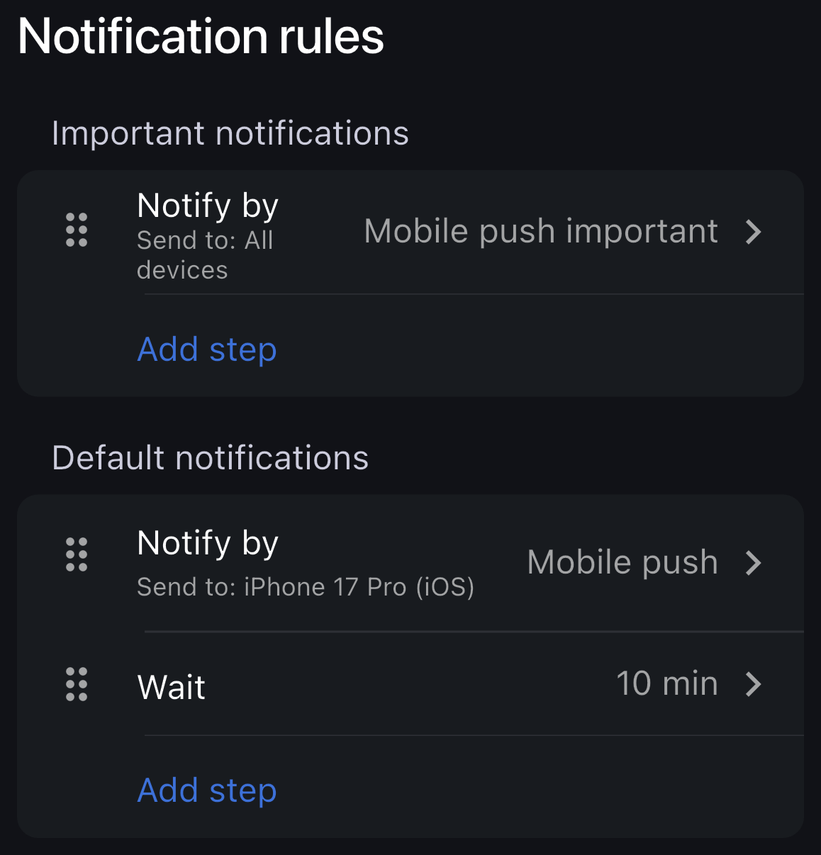Notification rules sending important mobile push alerts to all devices and default mobile push alerts to iPhone 17 Pro.
