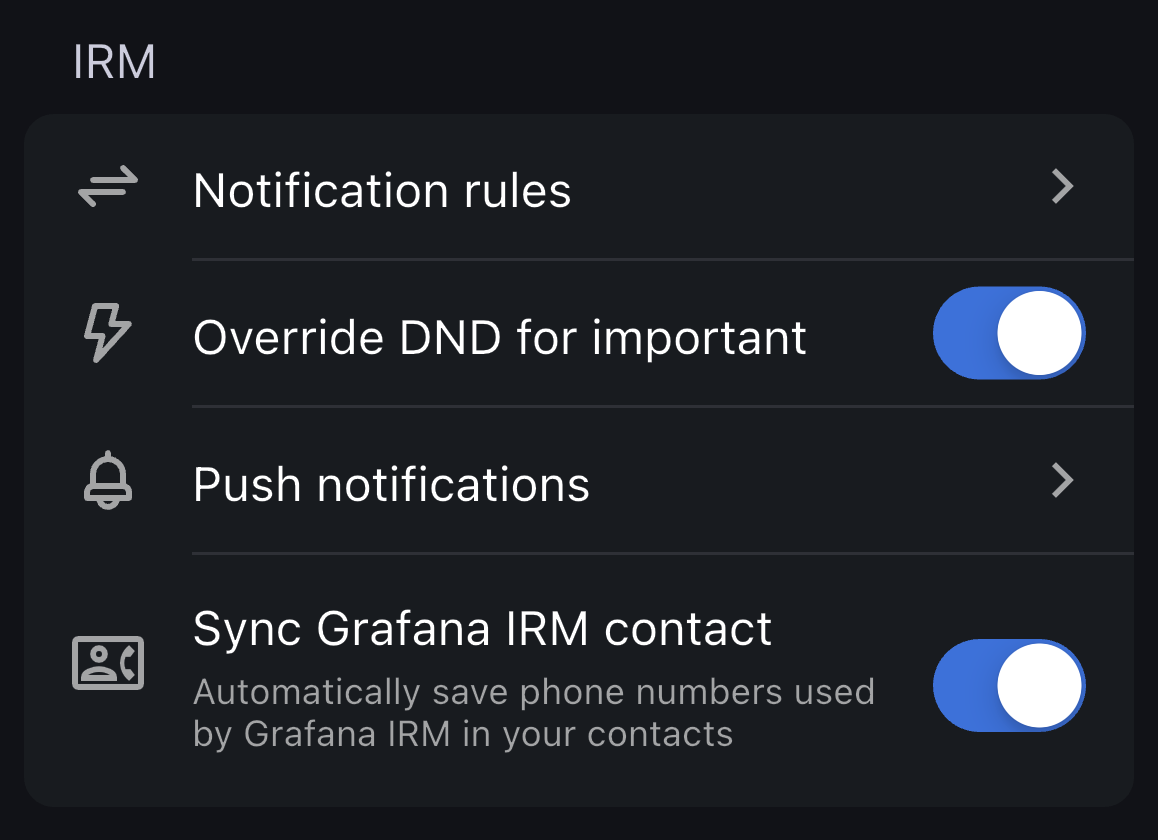 Grafana IRM settings with Sync Grafana IRM contact enabled to automatically save and update IRM phone numbers in your contacts.