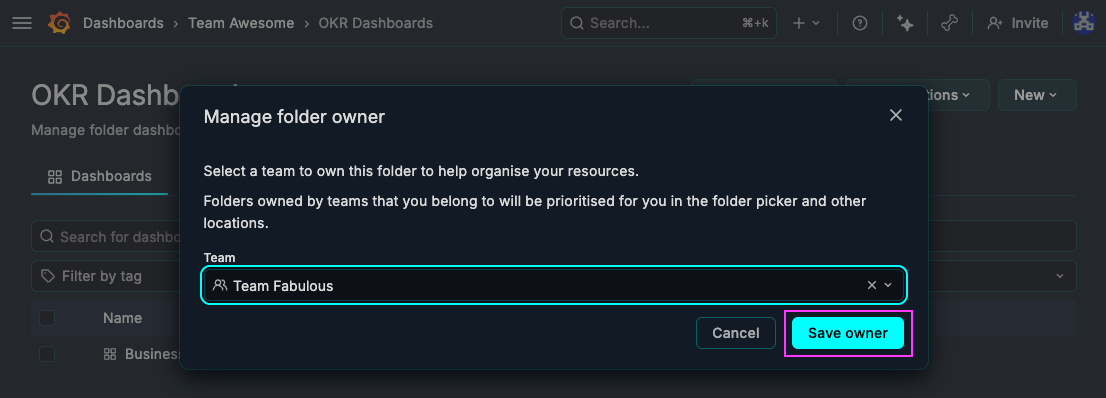 Folder page header showing the Owned by label and the Manage folder owner modal open from Folder actions.