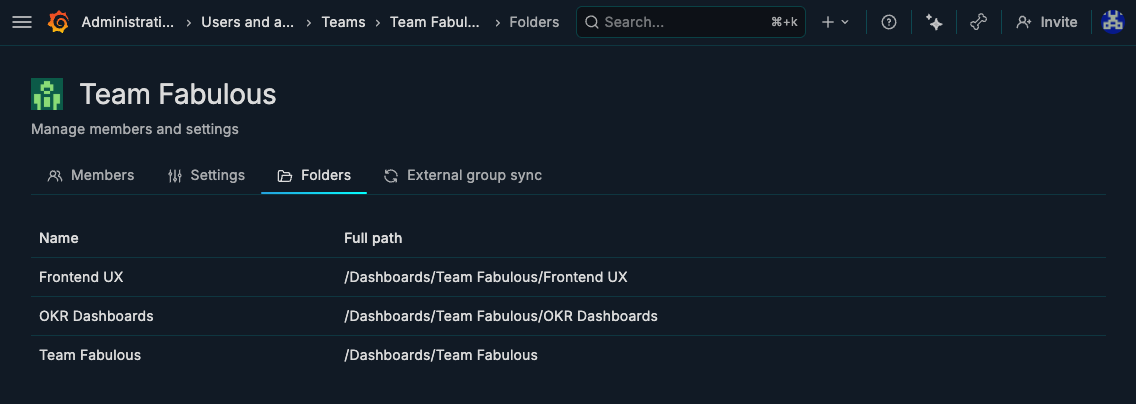 Team details page on the Folders tab showing the owned folders table with Name and Full path columns.