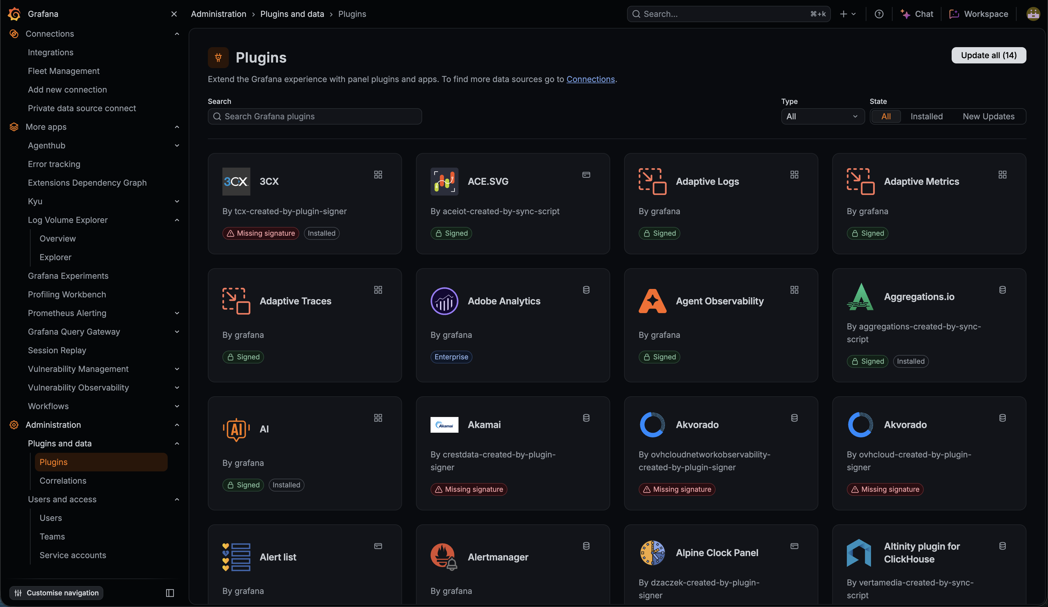 New UI showing the Plugins page in dark mode