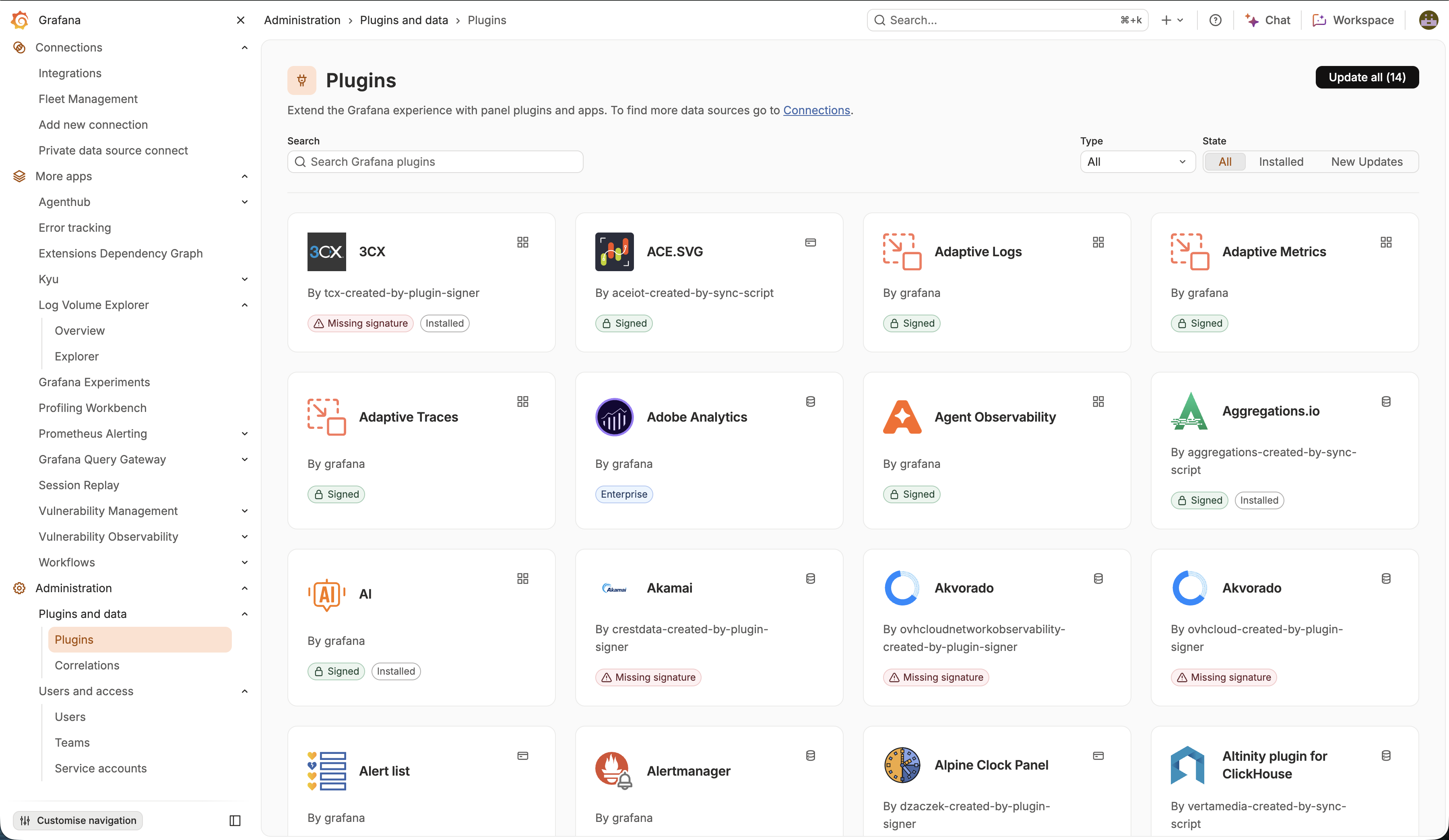 New UI showing the Plugins page in light mode