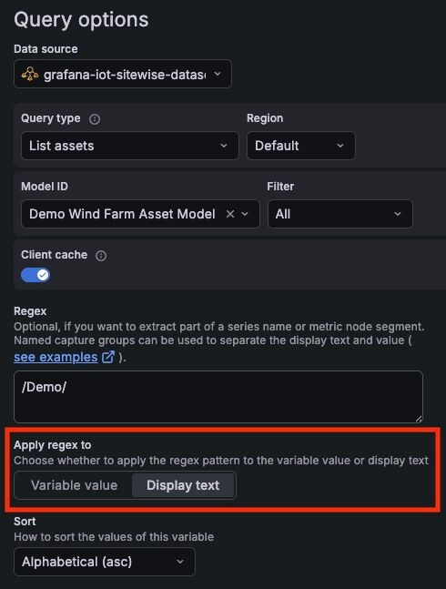 Apply regex to toggle in the template variable query options form.