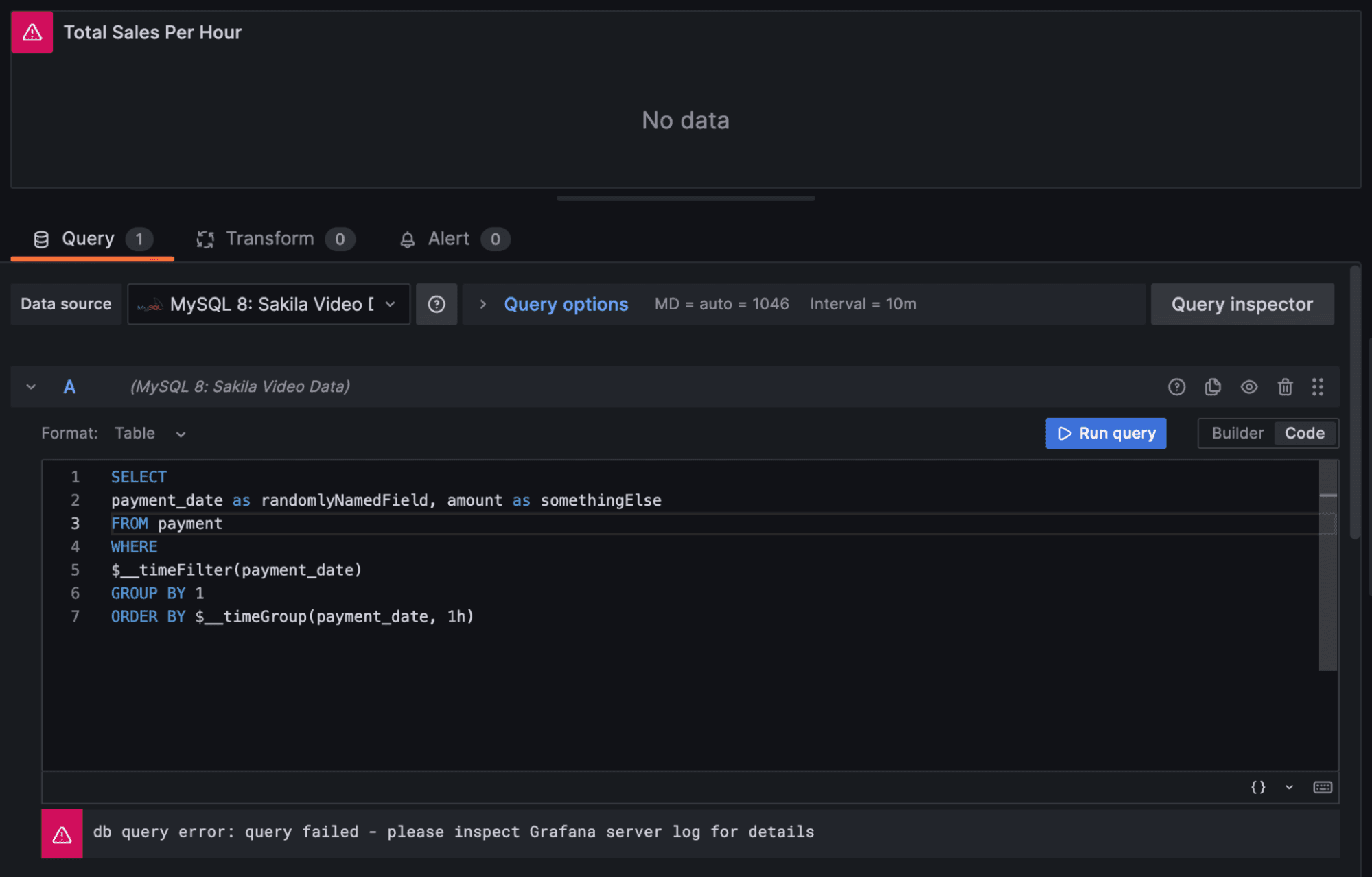 A screenshot shows a warning that the query failed, along with instructions to inspect Grafana server log for details.