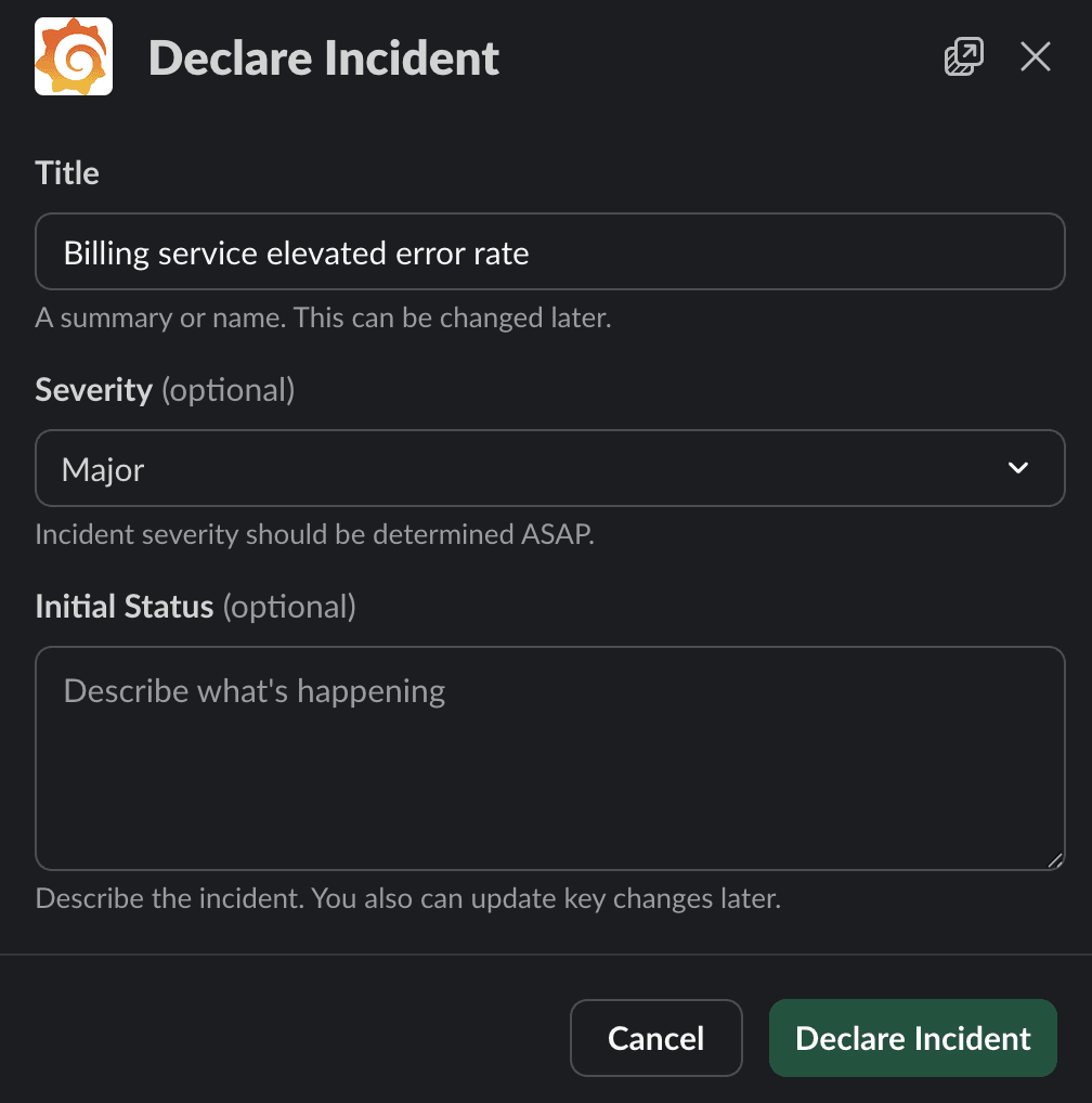Declare incident menu in Grafana Cloud UI
