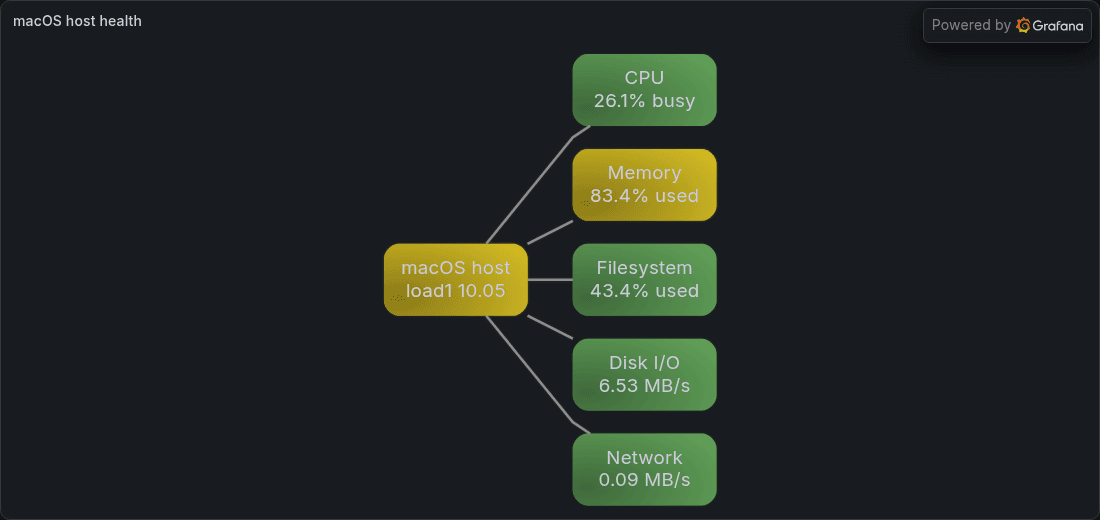 A diagram of the service's host: CPU, memory, filesystem, disk, and network arranged as a hub around the machine, each colored by a live threshold.