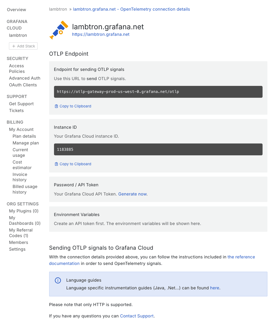 Screenshot of Grafana Cloud settings page showing OTLP Endpoint details.