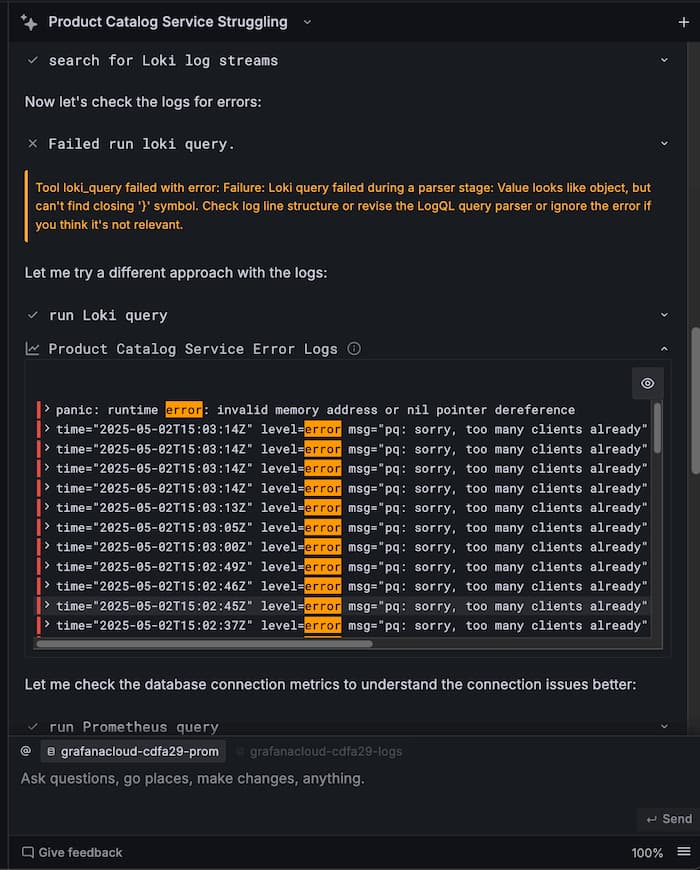A set of errors displayed in Grafana Asisstant