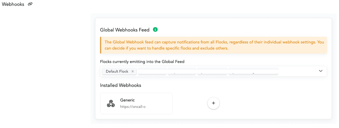 Screenshot of a web page showing a Global Webhooks Feed section with options for managing flocks and installed webhooks.