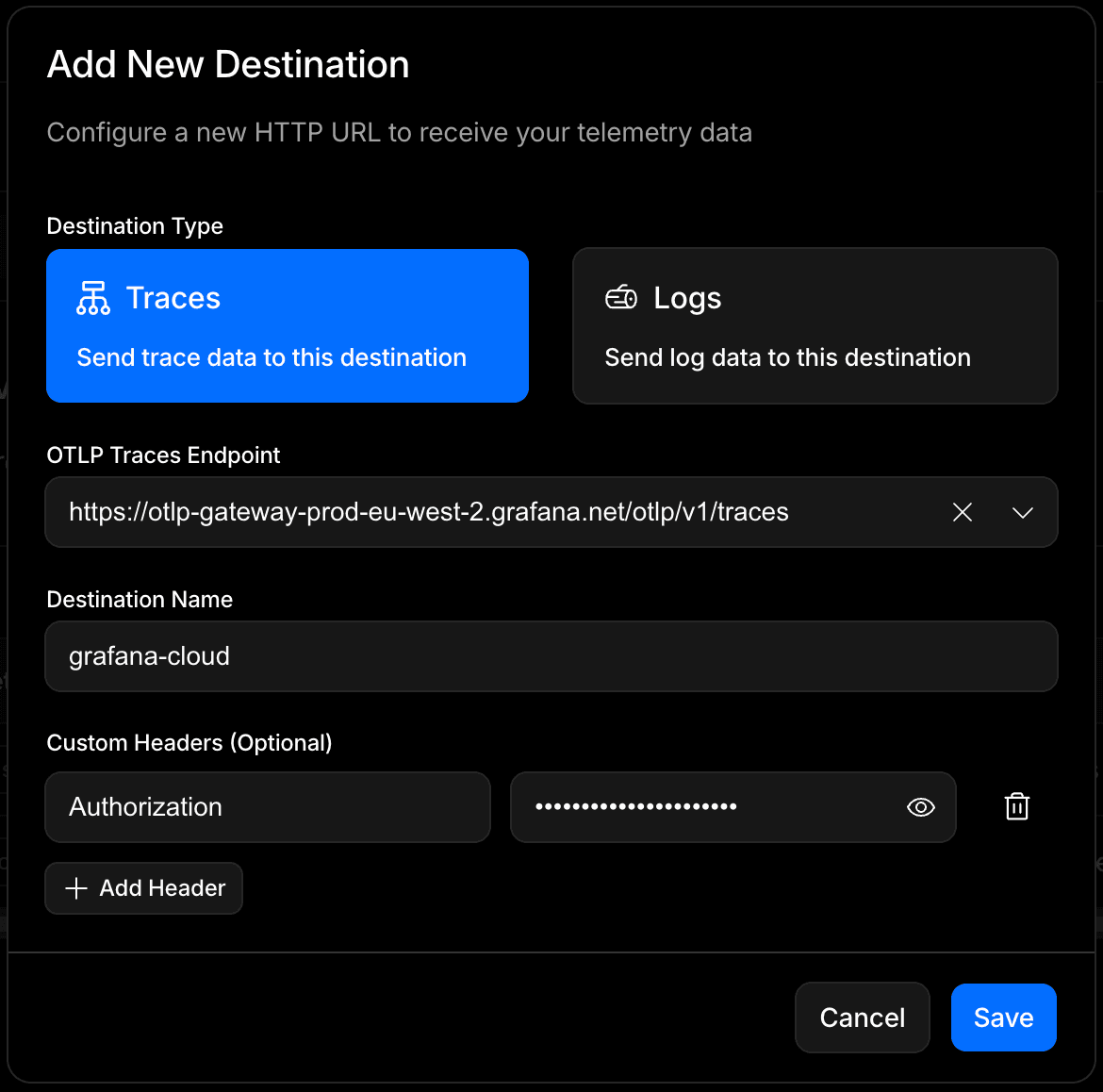A screenshot of the 'Add New Destination' UI with Traces selected as the destination type.